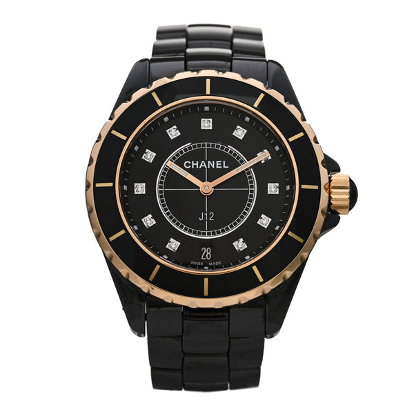 Chanel Stainless Steel 18K Yellow Gold Ceramic Diamond 38mm J12