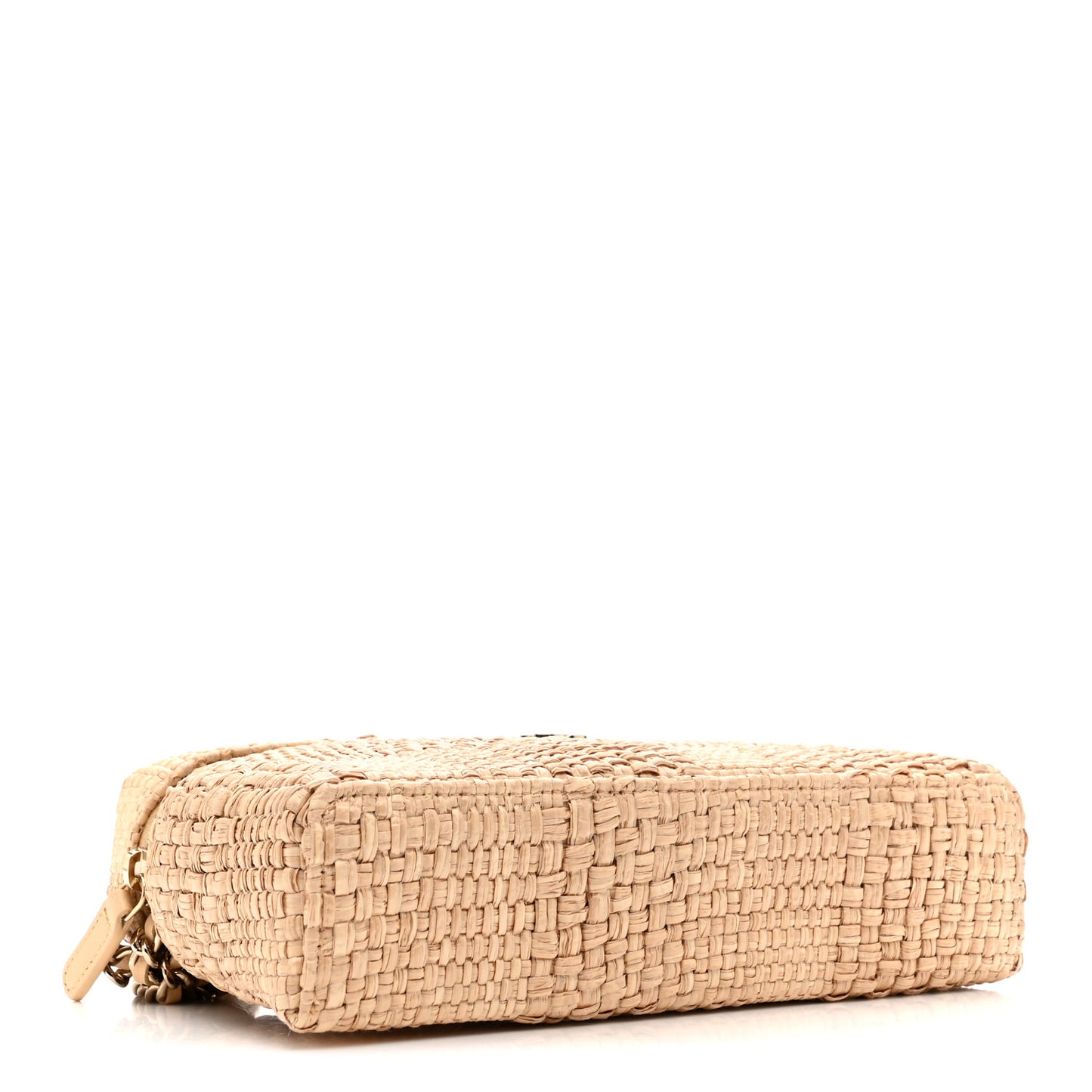 Braided Raffia Quilted Top Handle Slim Vanity Case With Chain Beige