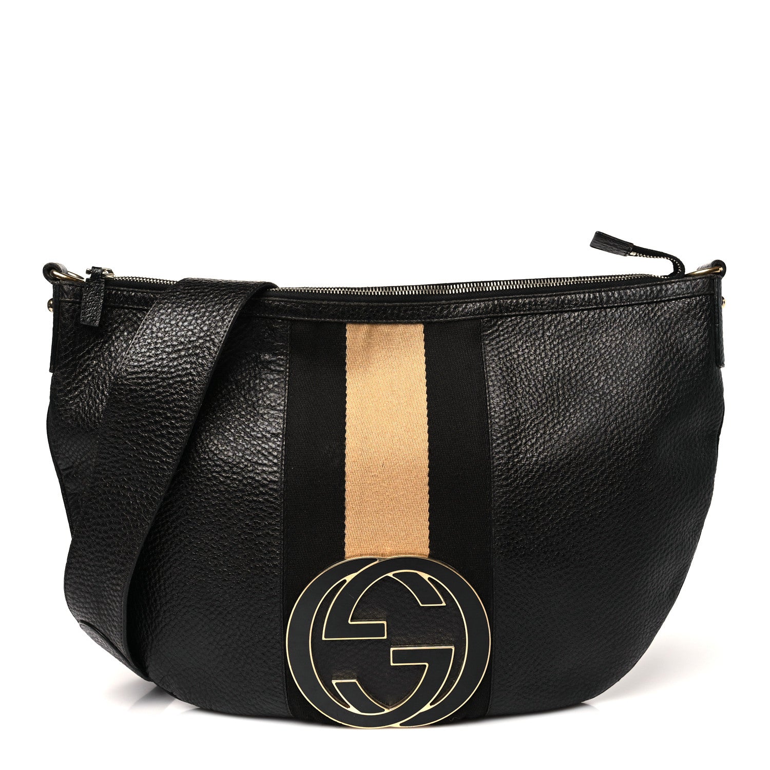 Gucci Pebbled Calfskin Web Blondie Hobo Black Beige 1 of 13