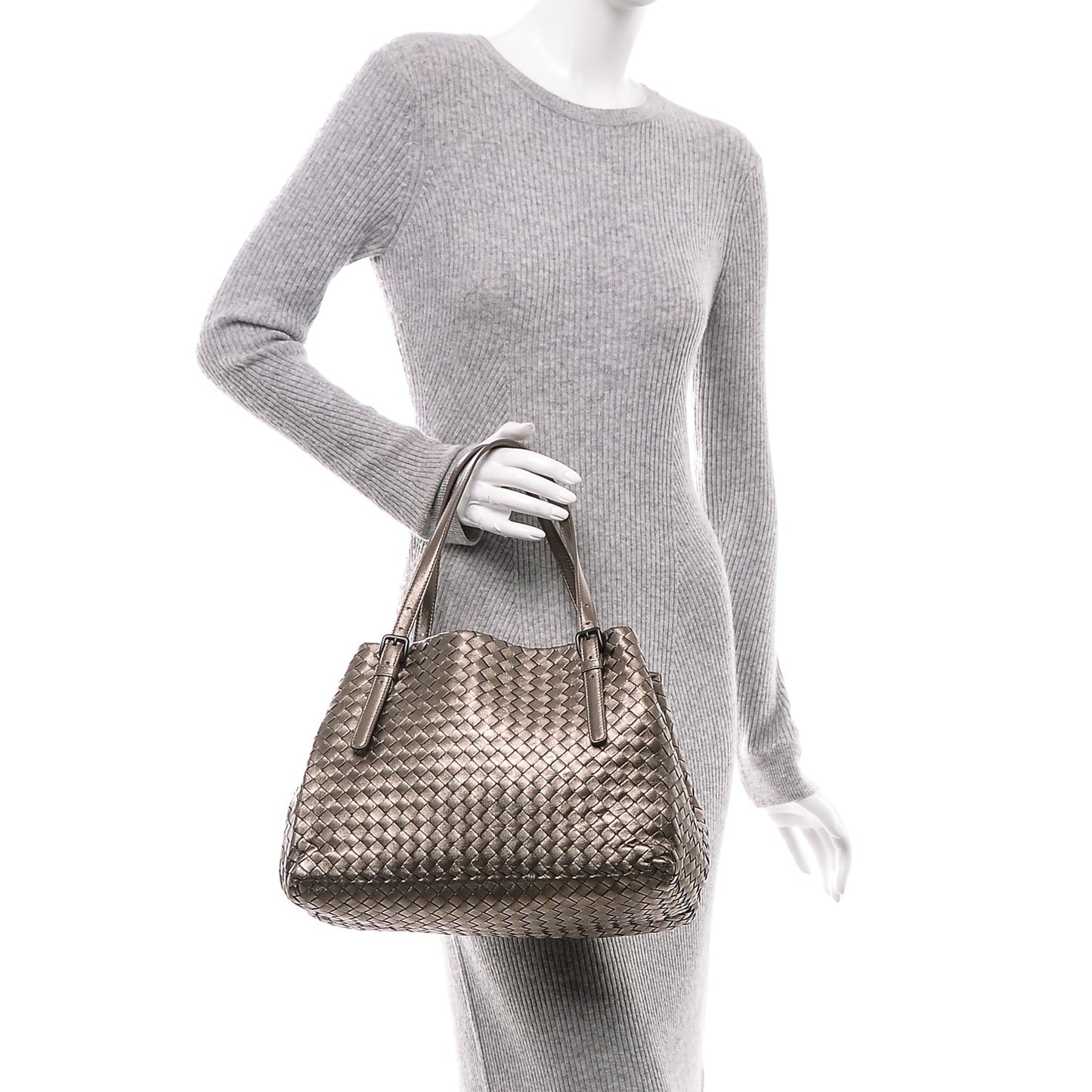 Metallic Grosgrain Intrecciato Medium A Shape Seamless Tote Pewter