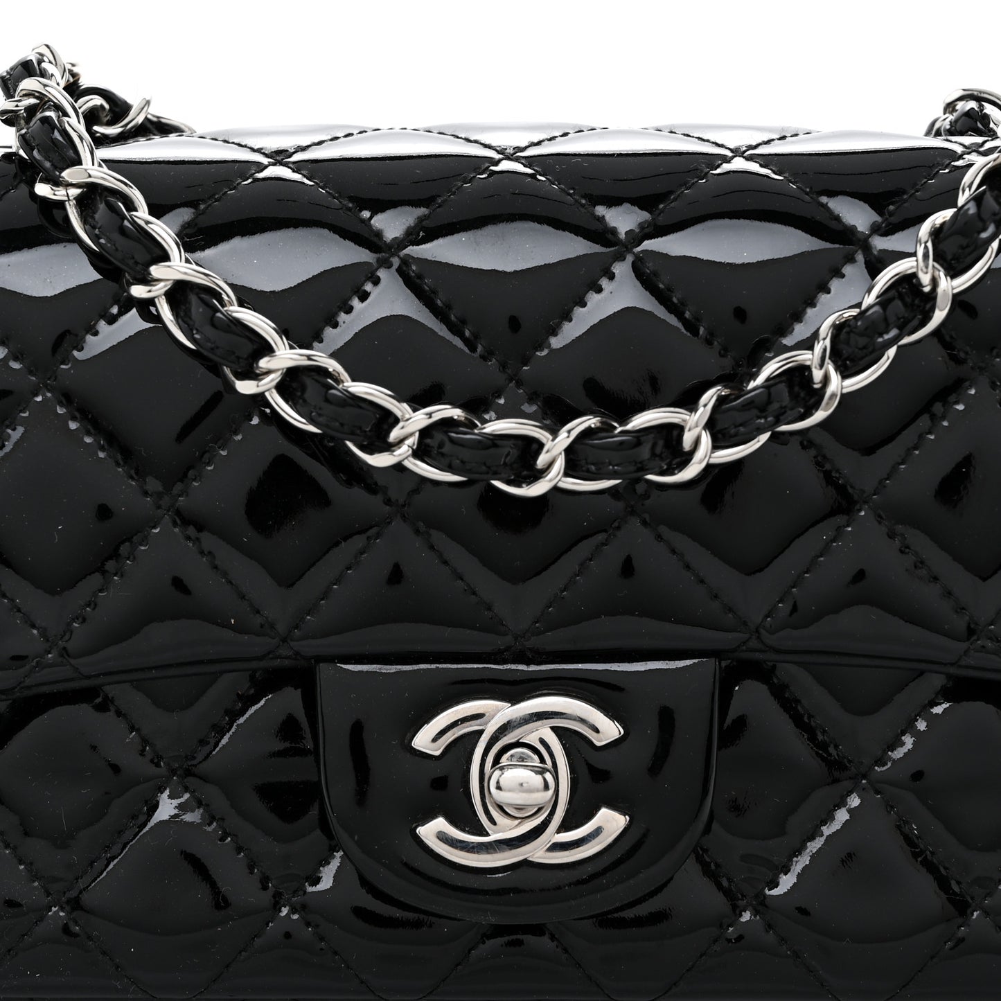 Patent Calfskin Quilted Mini Rectangular Flap Black