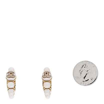 Chanel Crystal Pearl CC Hoop Earrings Gold White 2 of 4