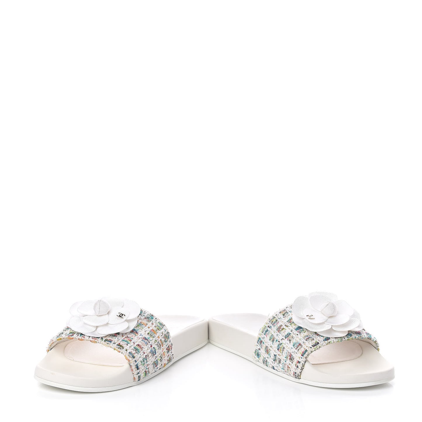 Tweed Grosgrain Camellia Flat Sandals 37 Ivory Ecru Green