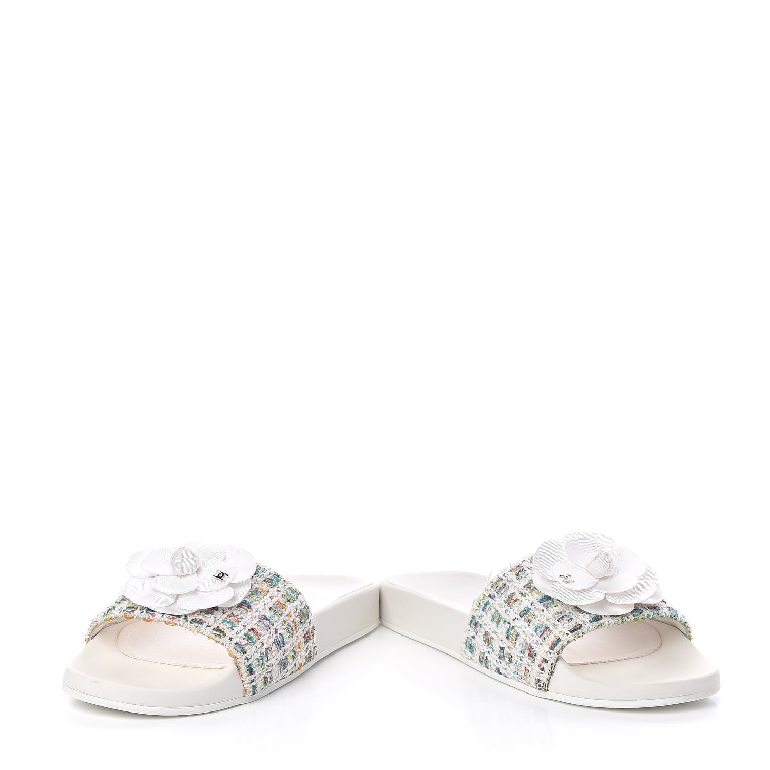 Chanel Tweed Grosgrain Camellia Flat Sandals 37 Ivory Ecru Green 6 of 10