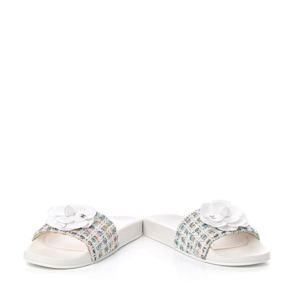 Chanel Tweed Grosgrain Camellia Flat Sandals 37 Ivory Ecru Green 6 of 10