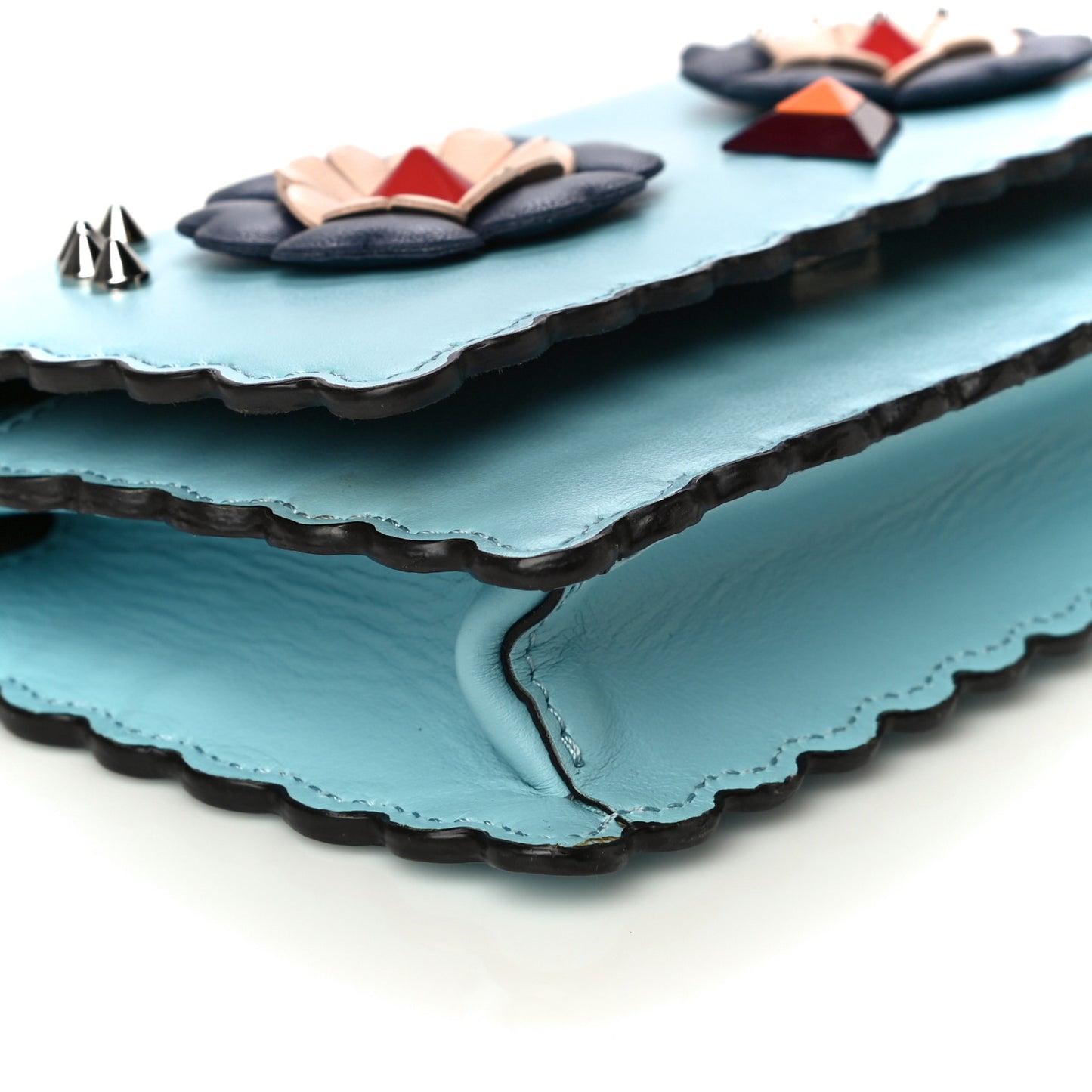 Vitello Century Lucido Nappa Hypnoteyes Scalloped Studded Tube Wallet on Chain Turchese Pallido Blueberry Multicolor