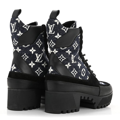 Louis Vuitton Calfskin Monogram Denim Laureate Platform Desert Boots 38.5 Navy Blue 5 of 10