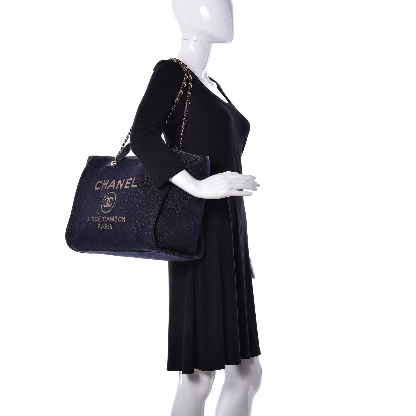 Lurex Canvas Medium Deauville Tote Navy Blue Gold