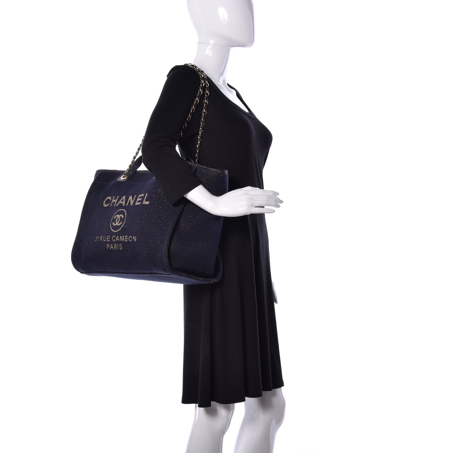 Chanel Lurex Canvas Medium Deauville Tote Navy Blue Gold 2 of 10