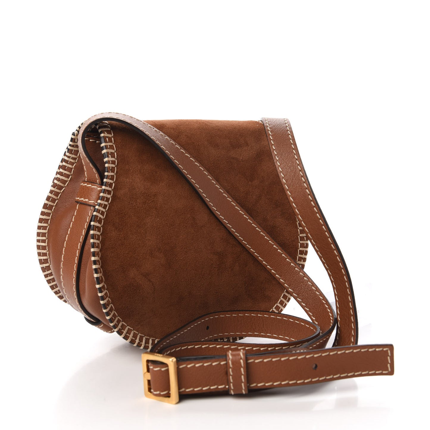 Suede Calfskin Stitched Small Marcie Round Crossbody Bag Tan