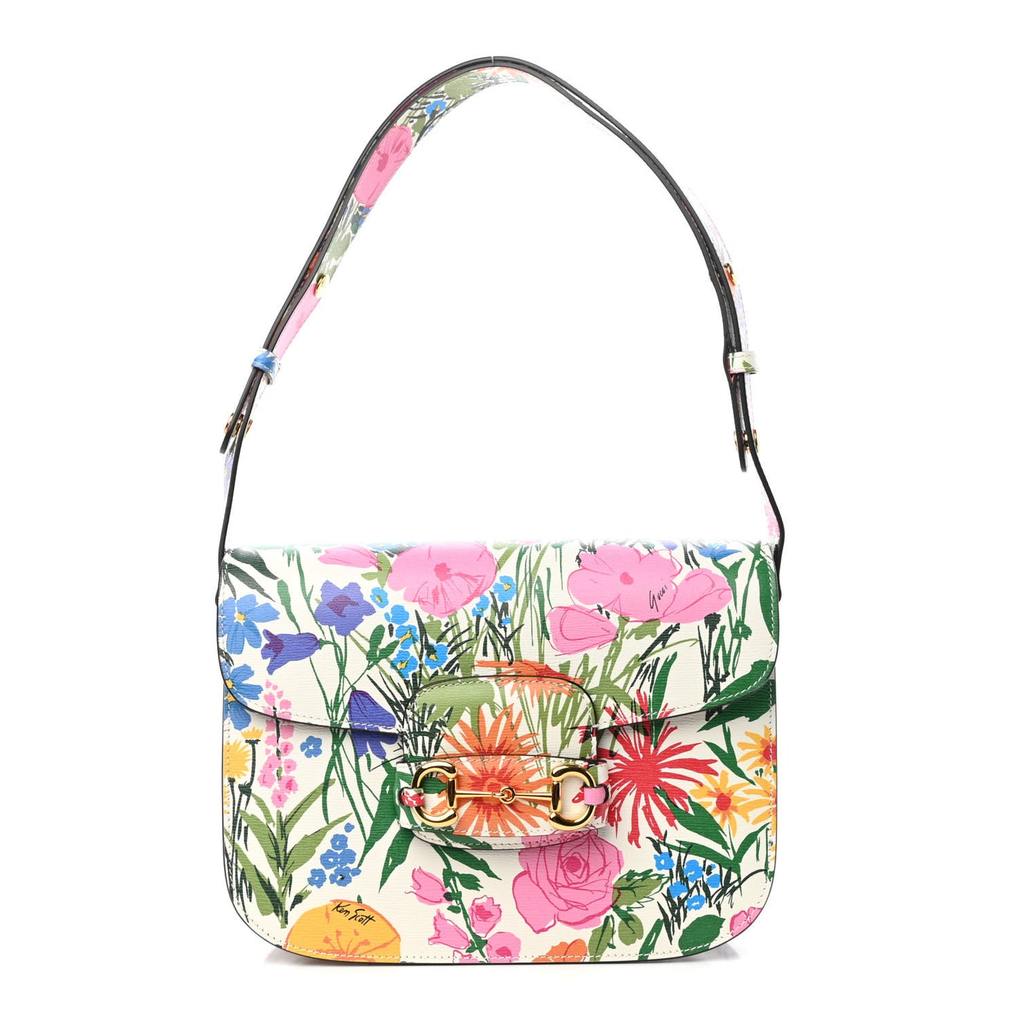 X KEN SCOTT New Shangai Calfskin Jardin D'Avril Floral Print Horsebit 1955 Shoulder Bag Ivory Pink Wild Rose