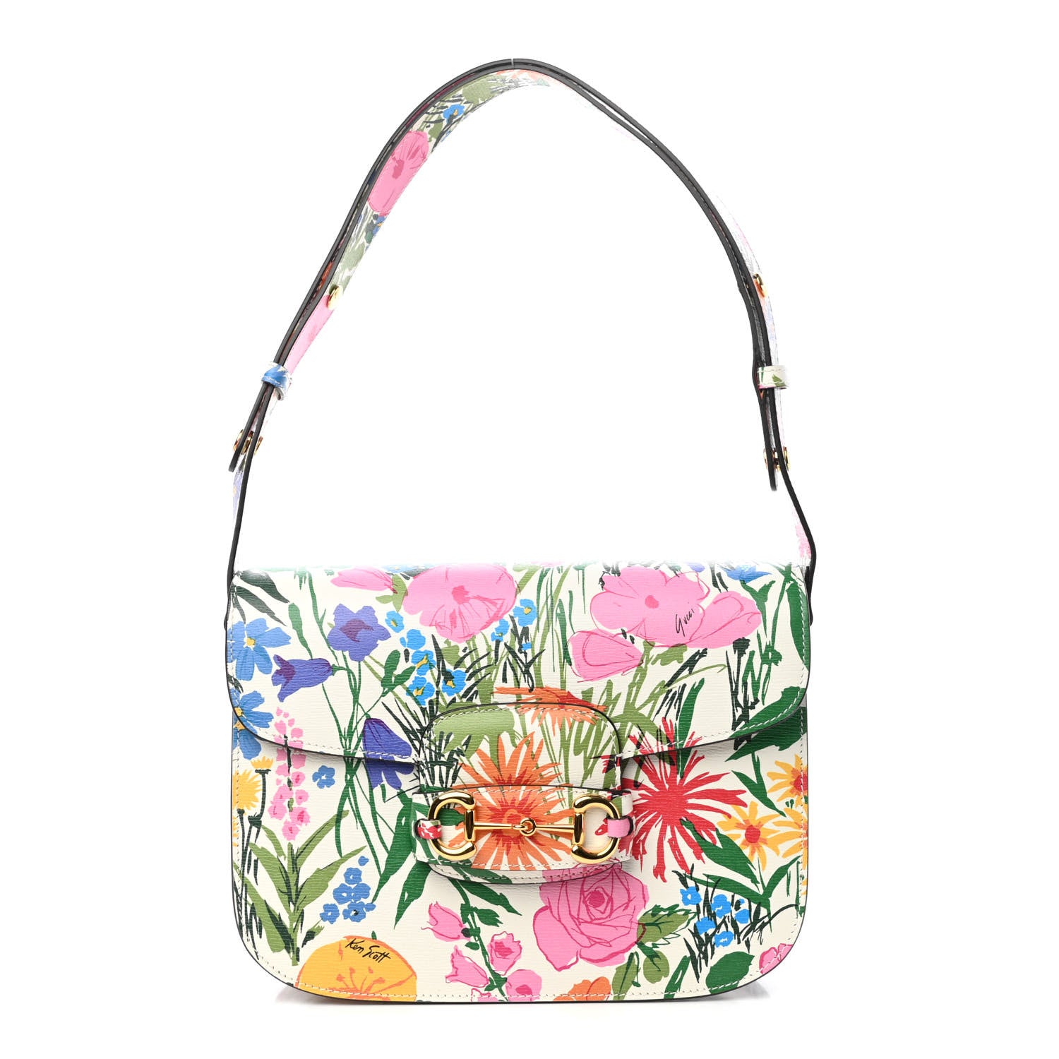 Gucci X KEN SCOTT New Shangai Calfskin Jardin D'Avril Floral Print Horsebit 1955 Shoulder Bag Ivory Pink Wild Rose 1 of 11