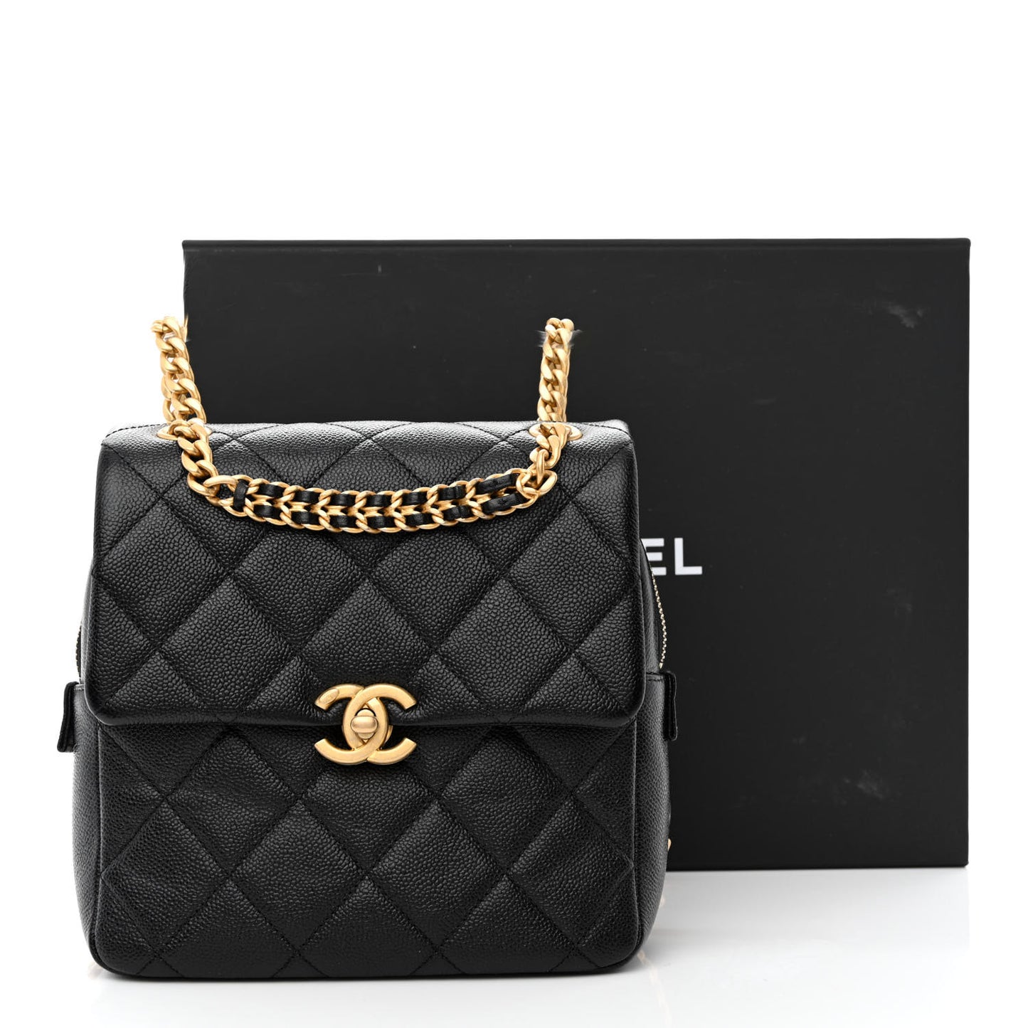 Shiny Caviar Quilted Chain Melody Backpack Black