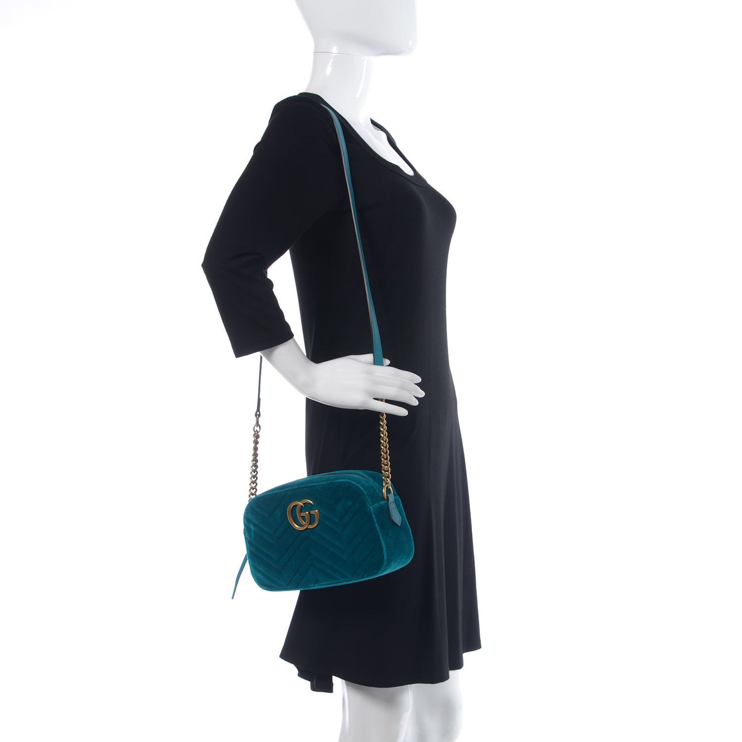 Velvet Matelasse Small GG Marmont Chain Shoulder Bag Pavone Cyan