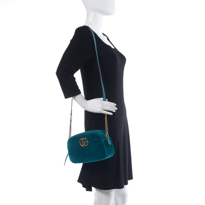 Gucci Velvet Matelasse Small GG Marmont Chain Shoulder Bag Pavone Cyan 2 of 10