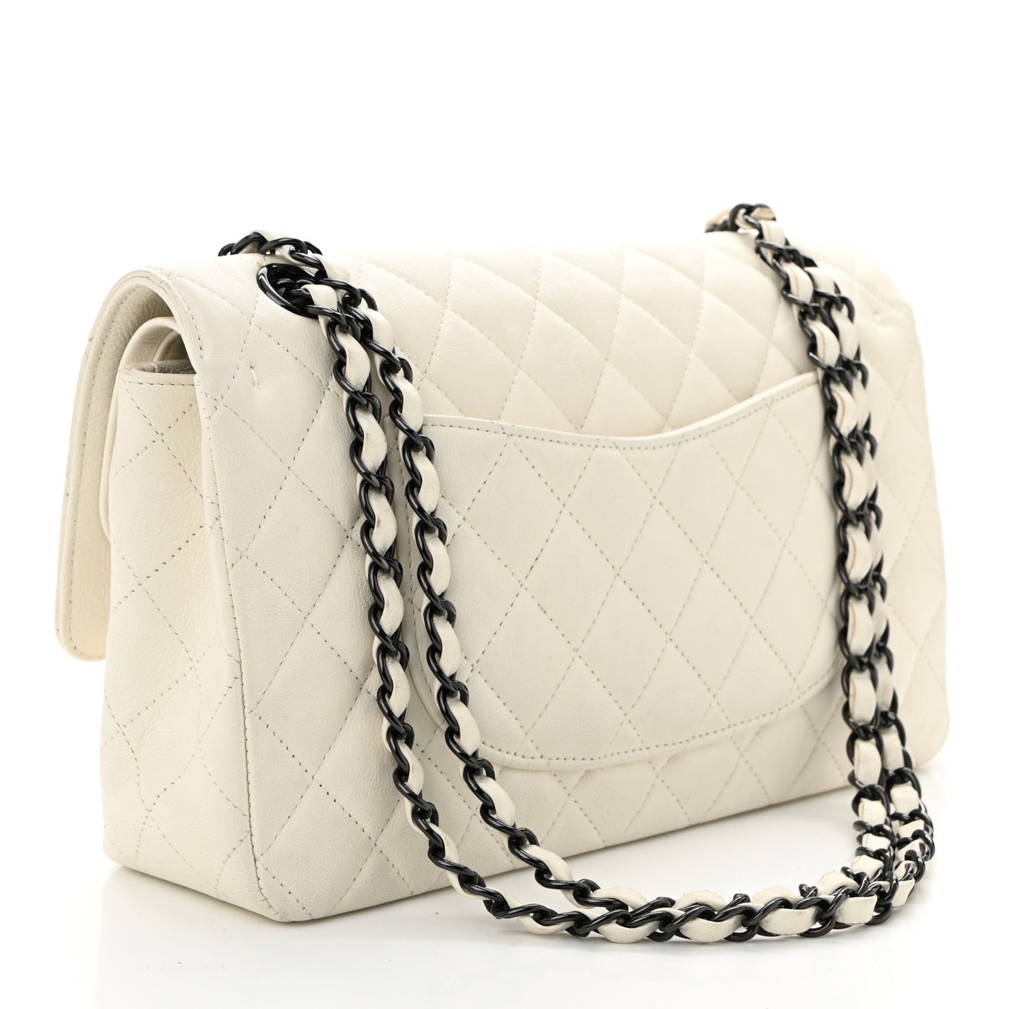 Crumpled Calfskin Quilted Medium Double Flap White