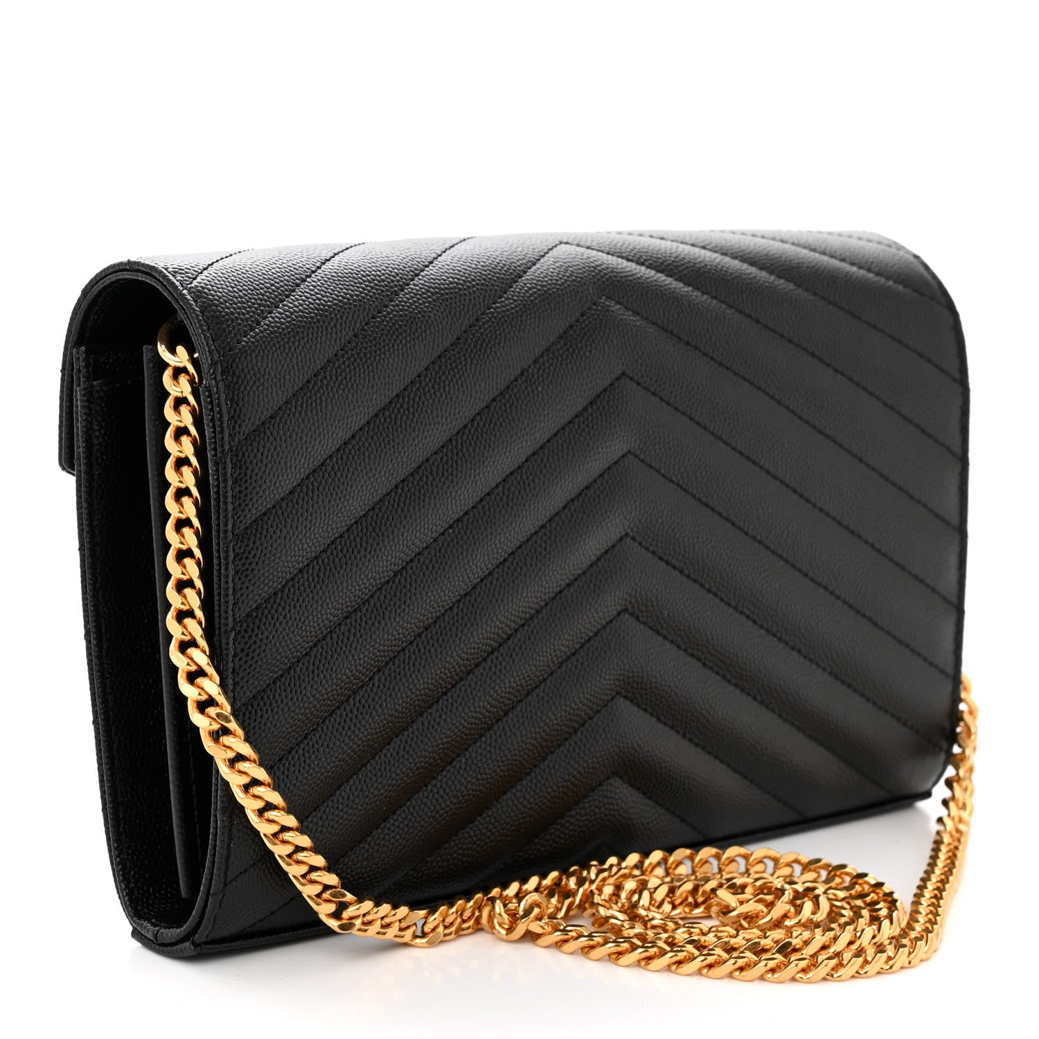 Saint Laurent Grain De Poudre Matelasse Chevron Monogram Chain Wallet Black 3 of 10