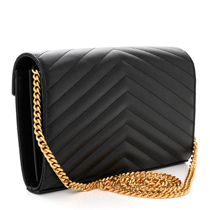 Saint Laurent Grain De Poudre Matelasse Chevron Monogram Chain Wallet Black 3 of 10