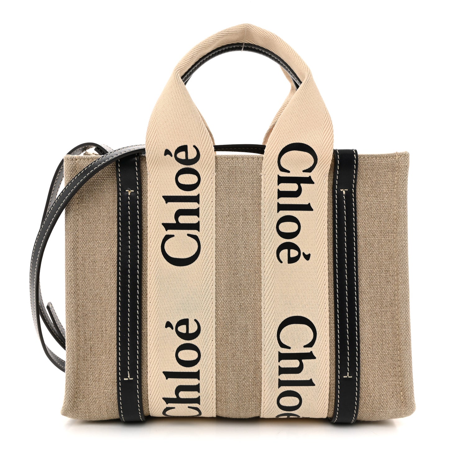 Linen Calfskin Small Woody Ribbon Tote White Black