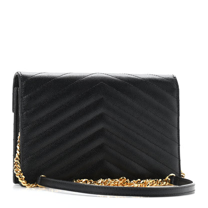 Saint Laurent Grain De Poudre Matelasse Chevron Monogram Envelope Chain Wallet Black 3 of 9
