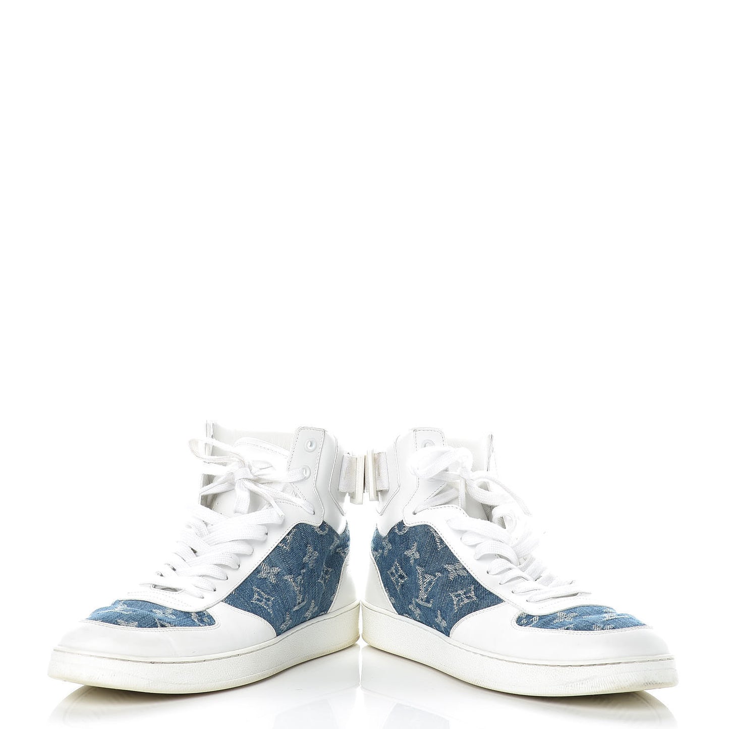 Calfskin Monogram Denim Rivoli High Top Sneakers 7.5 White