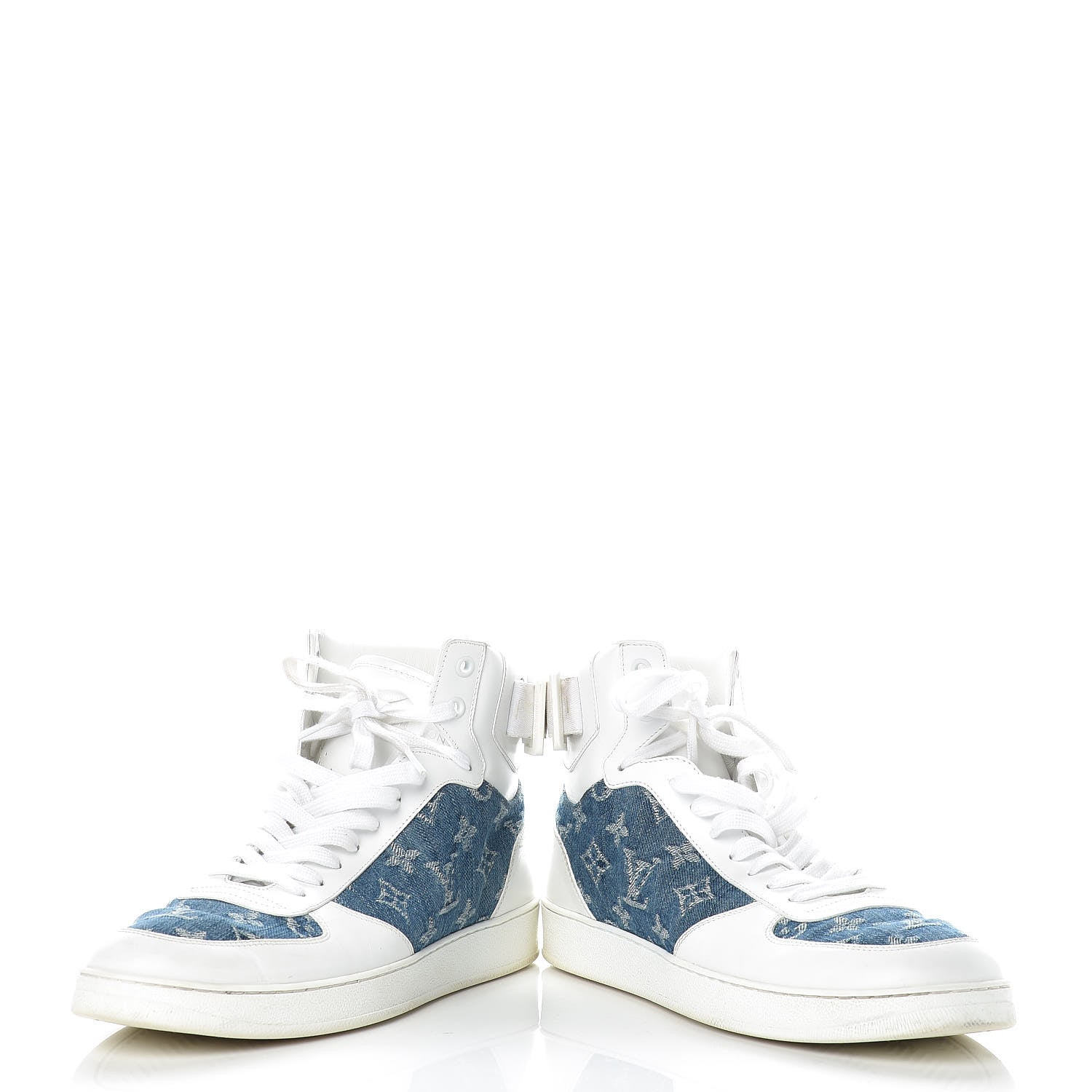 Louis Vuitton Calfskin Monogram Denim Rivoli High Top Sneakers 7.5 White 5 of 16
