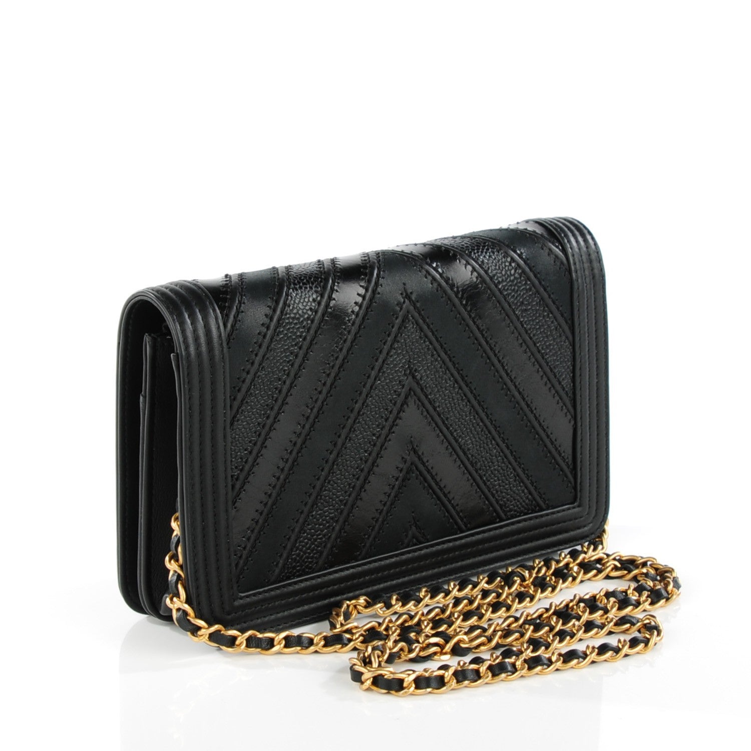 Chanel Calfskin Caviar Chevron Quilted Medium Mixed Boy Wallet On Chain WOC Black 5 of 9