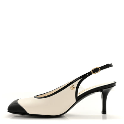 Chanel Lambskin Patent Calfskin Cap Toe CC Slingback Pumps 38.5 White Black 1 of 10