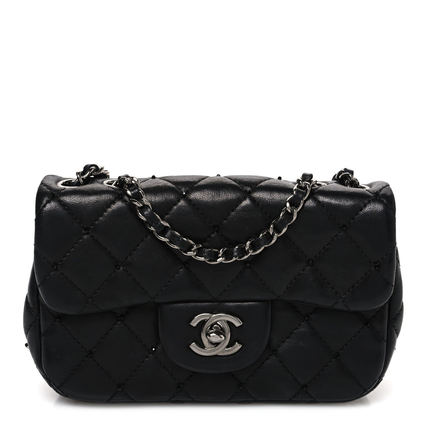 Lambskin Quilted Beaded Extra Mini Rectangular Flap Black