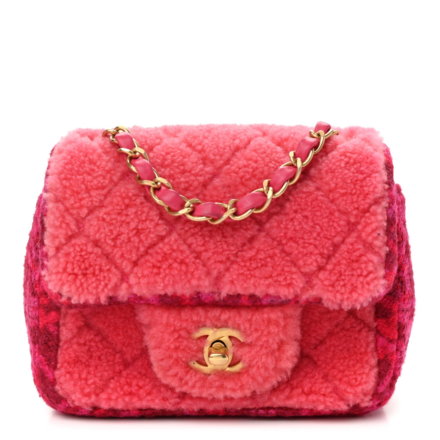 Chanel Shearling Tweed Quilted Mini Square Flap Bag Pink 1 of 11