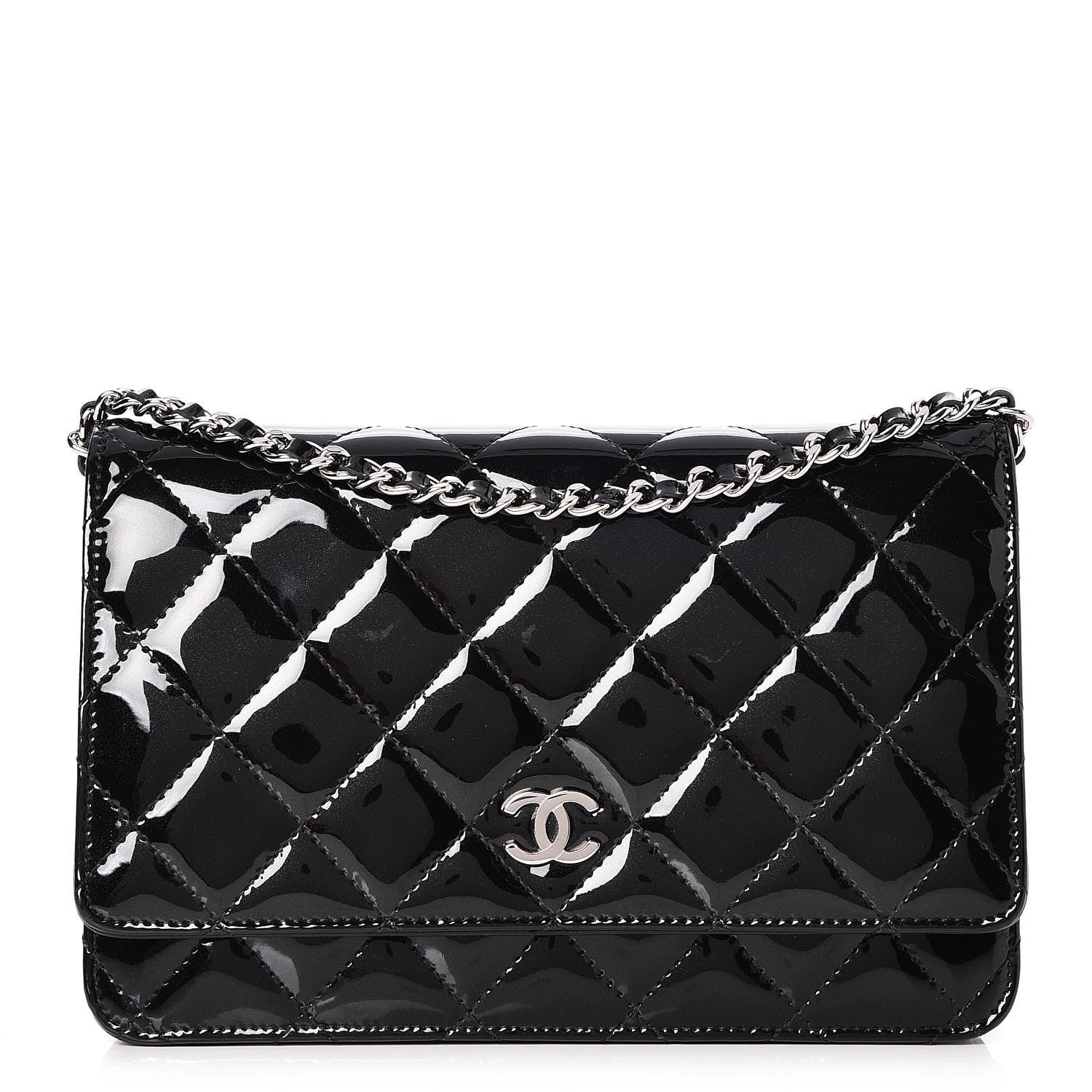 Chanel Patent Quilted Wallet On Chain WOC Black 1 of 9