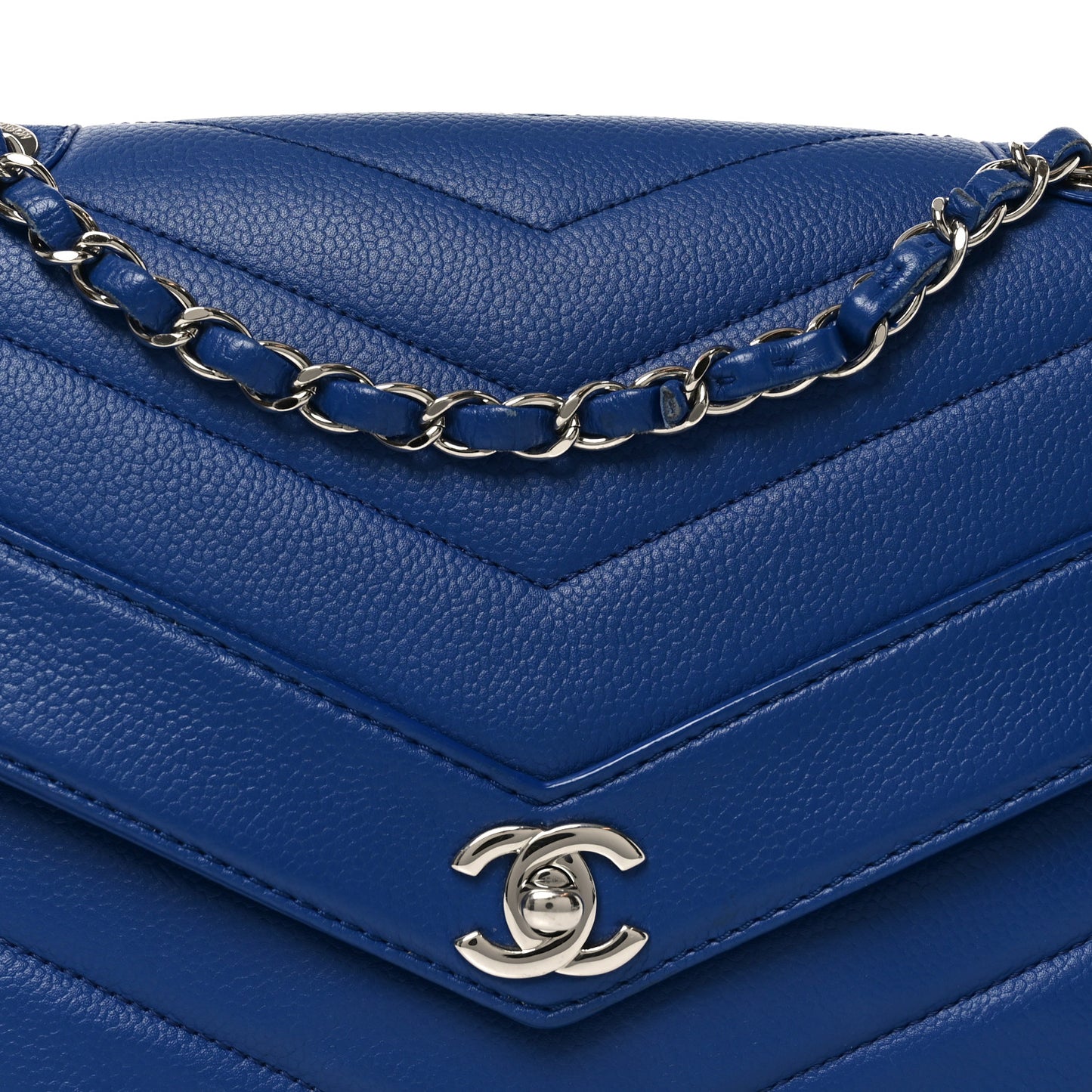 Caviar Chevron Quilted Single Flap Blue