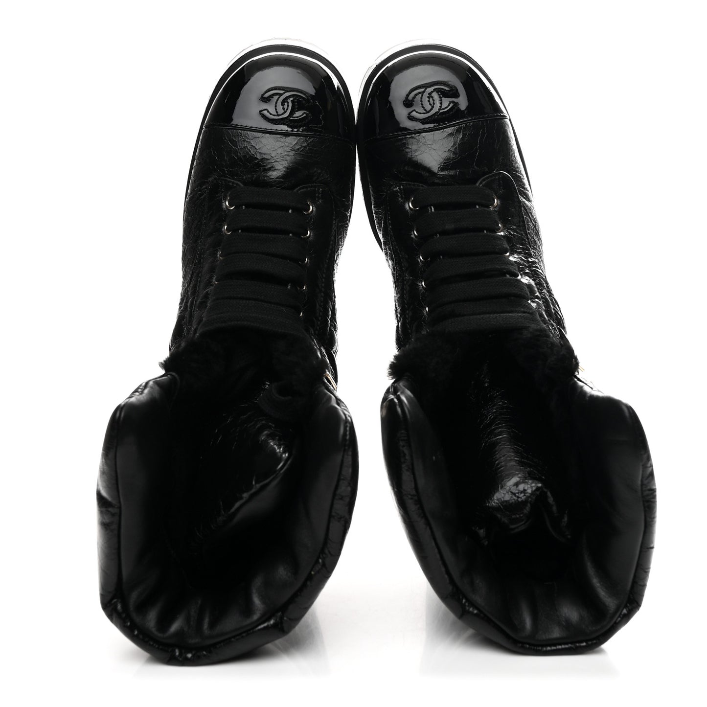 Crumpled Patent Lambskin Calfskin Quilted Lace Up Combat Boots 40.5 Black