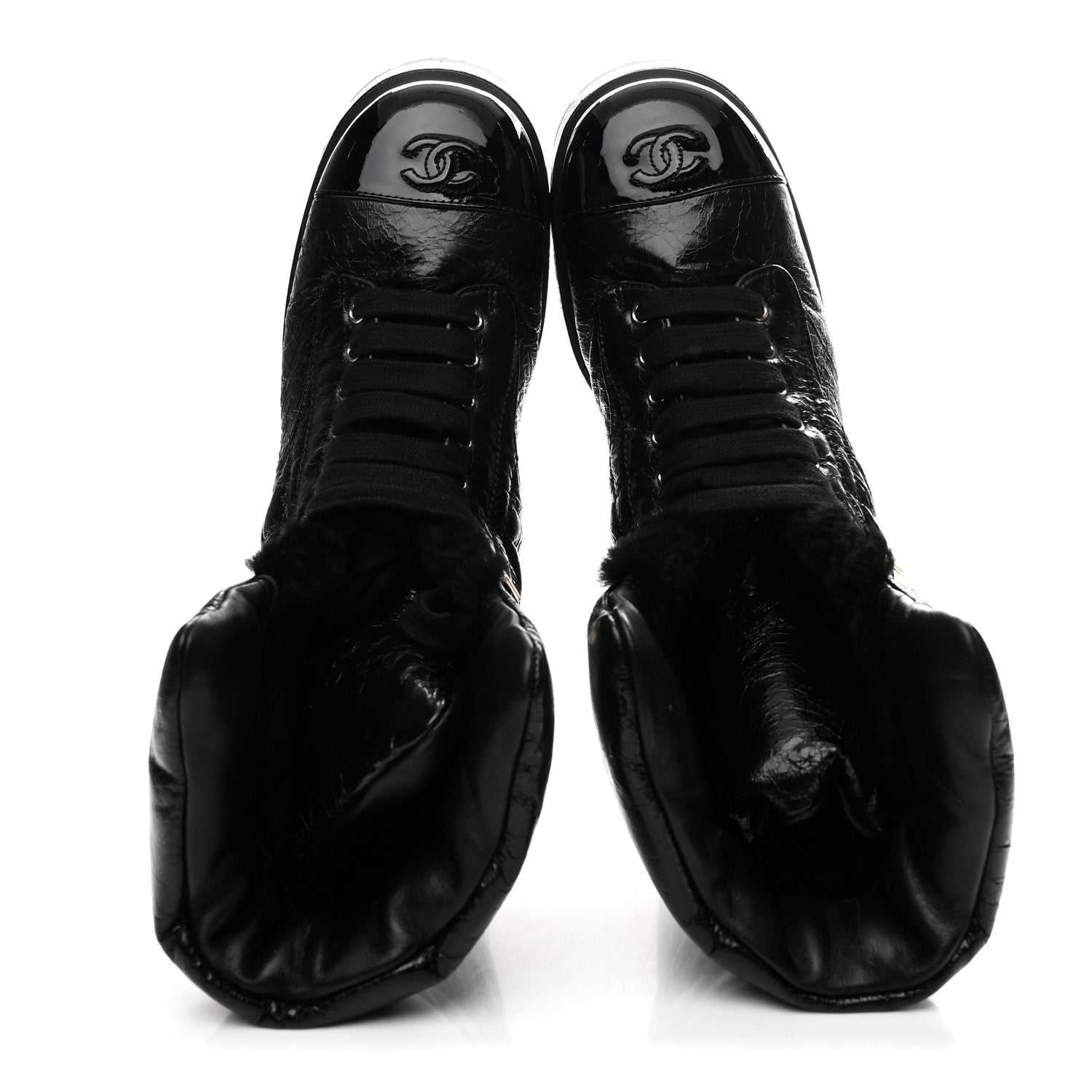 Chanel Crumpled Patent Lambskin Calfskin Quilted Lace Up Combat Boots 40.5 Black 2 of 9
