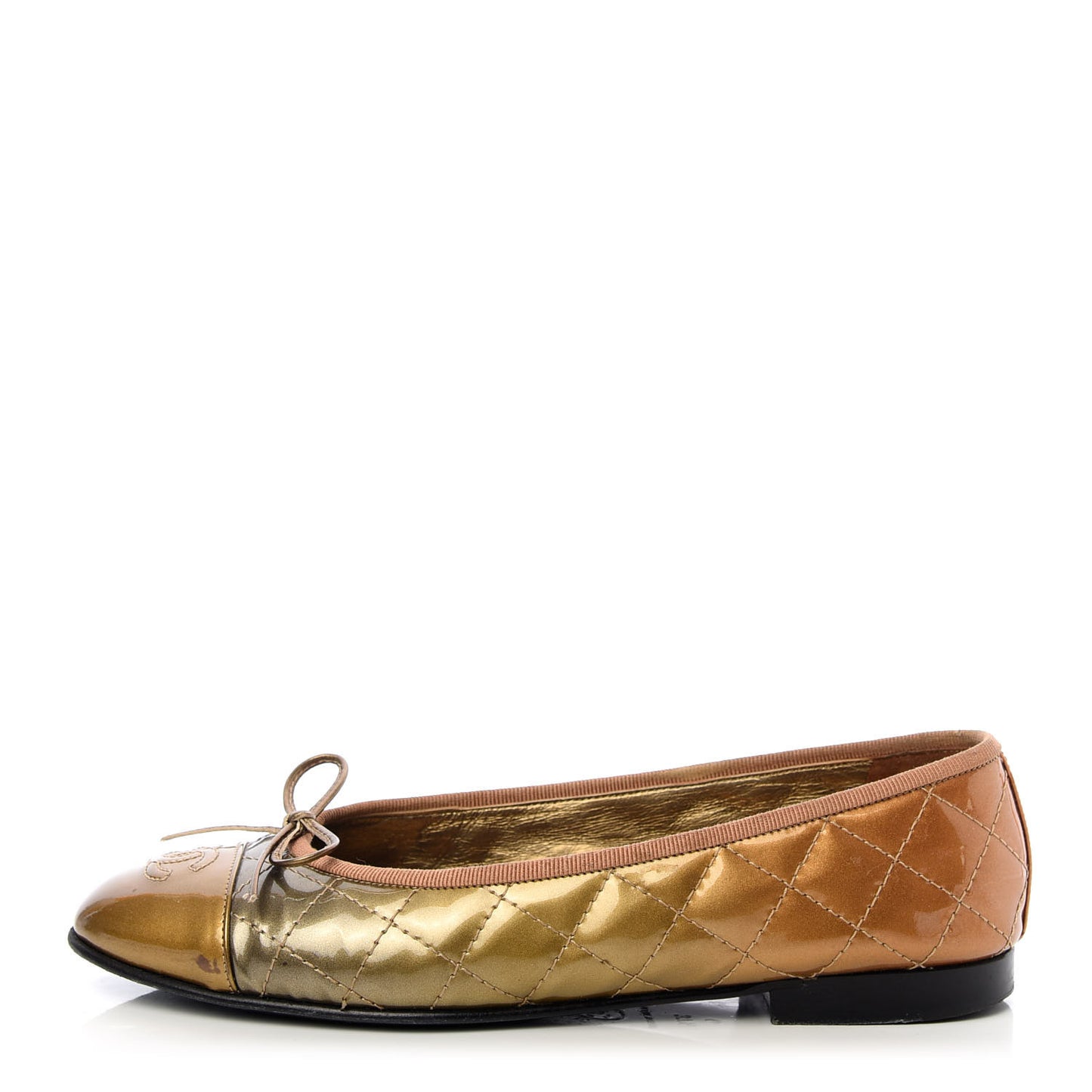 Metallic Patent Quilted CC Cap Toe Ballerina Flats 37.5 Bronze Grey