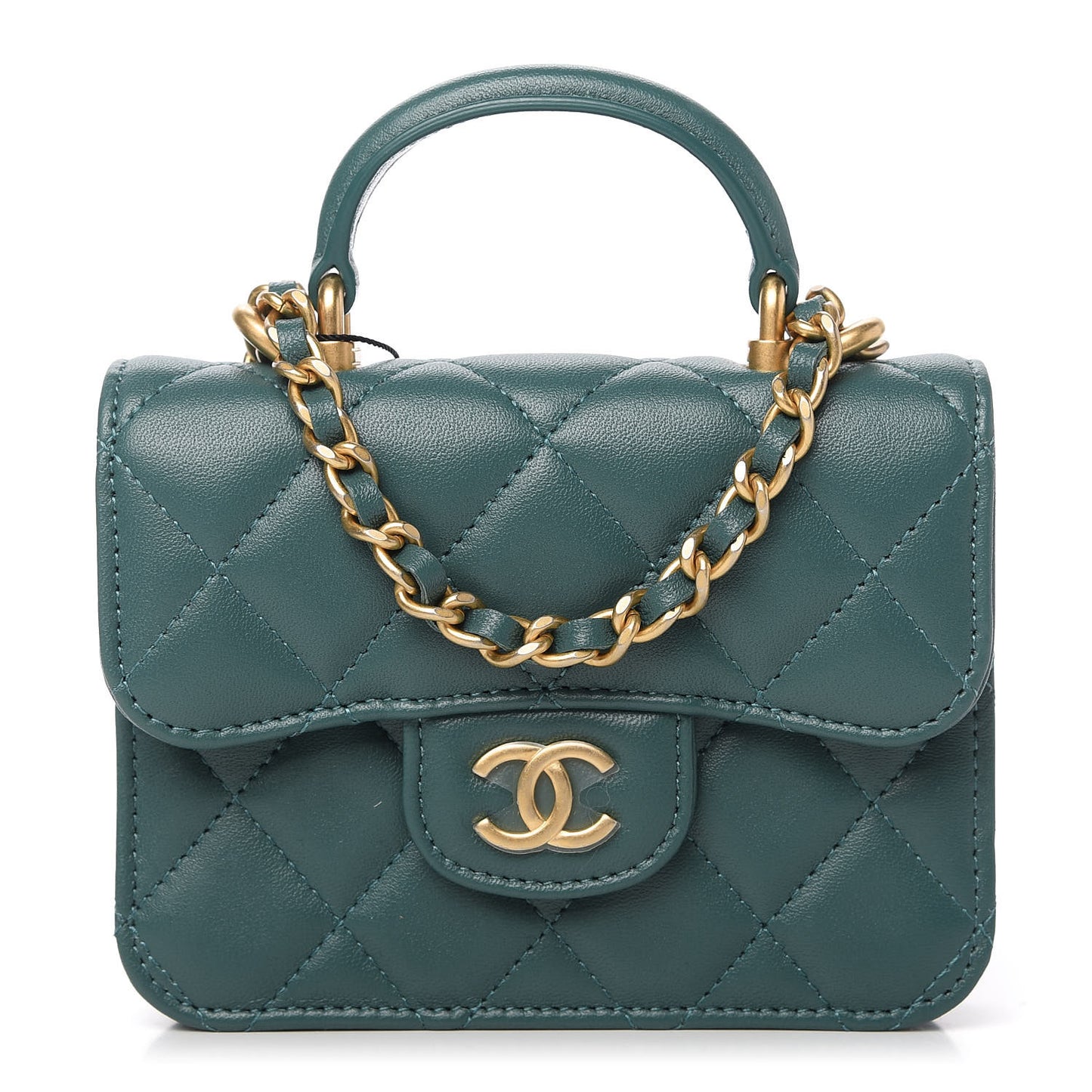 Lambskin Quilted Top Handle Flap Coin Purse With Chain Green
