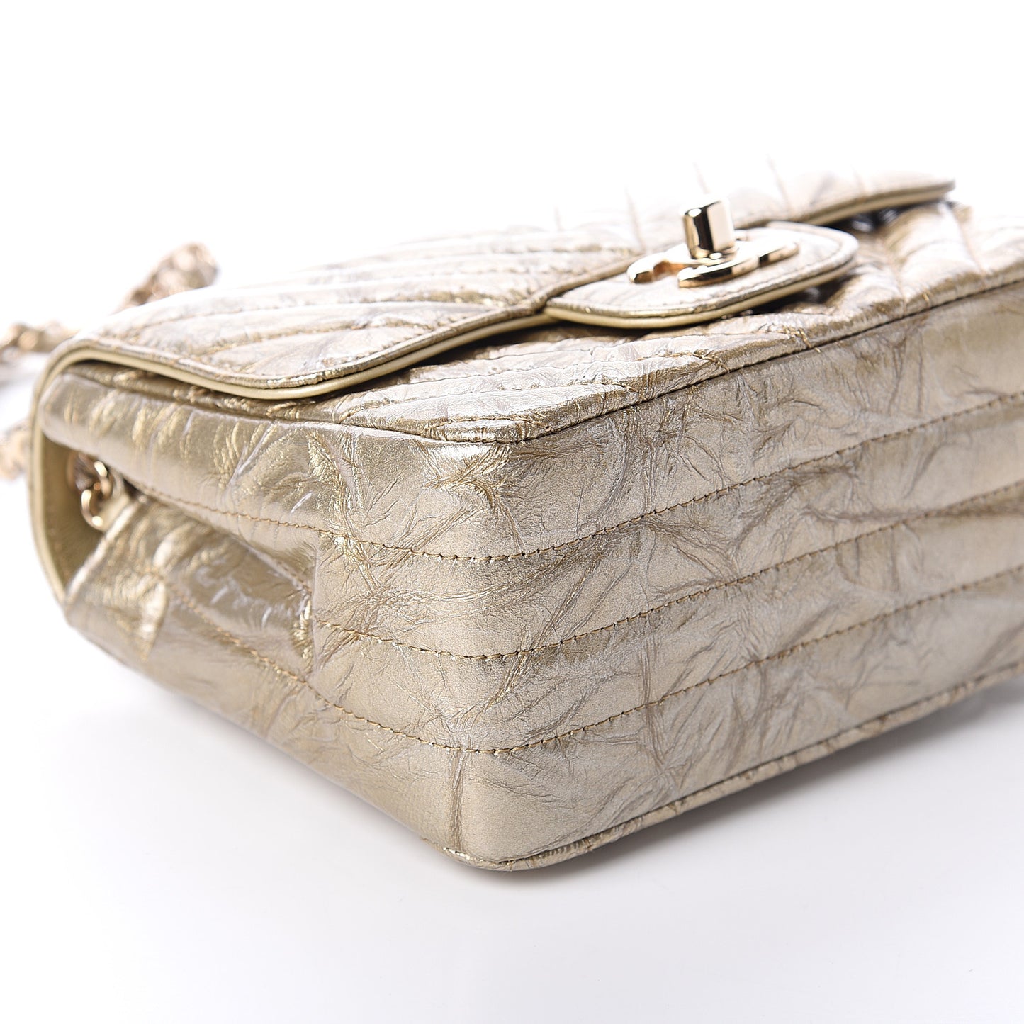 Patent Metallic Crumpled Calfskin Chevron Quilted Mini Square Flap Gold