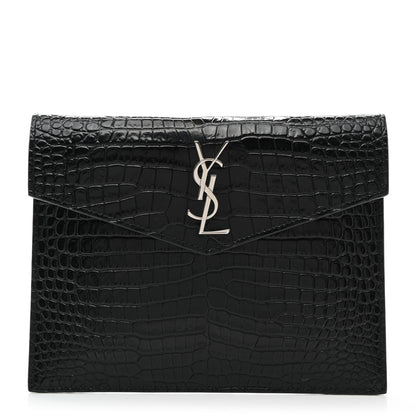Saint Laurent Calfskin Crocodile Embossed Monogram Uptown Baby Pouch Black 1 of 7