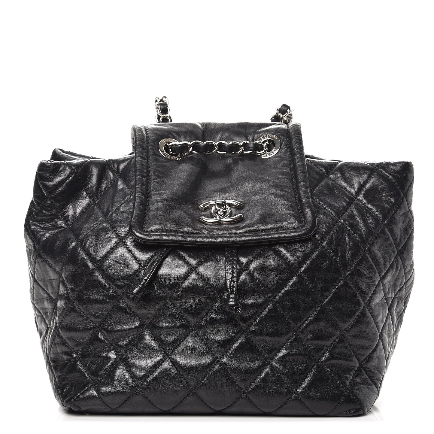 Glazed Calfskin Quilted Beijing Backpack Black