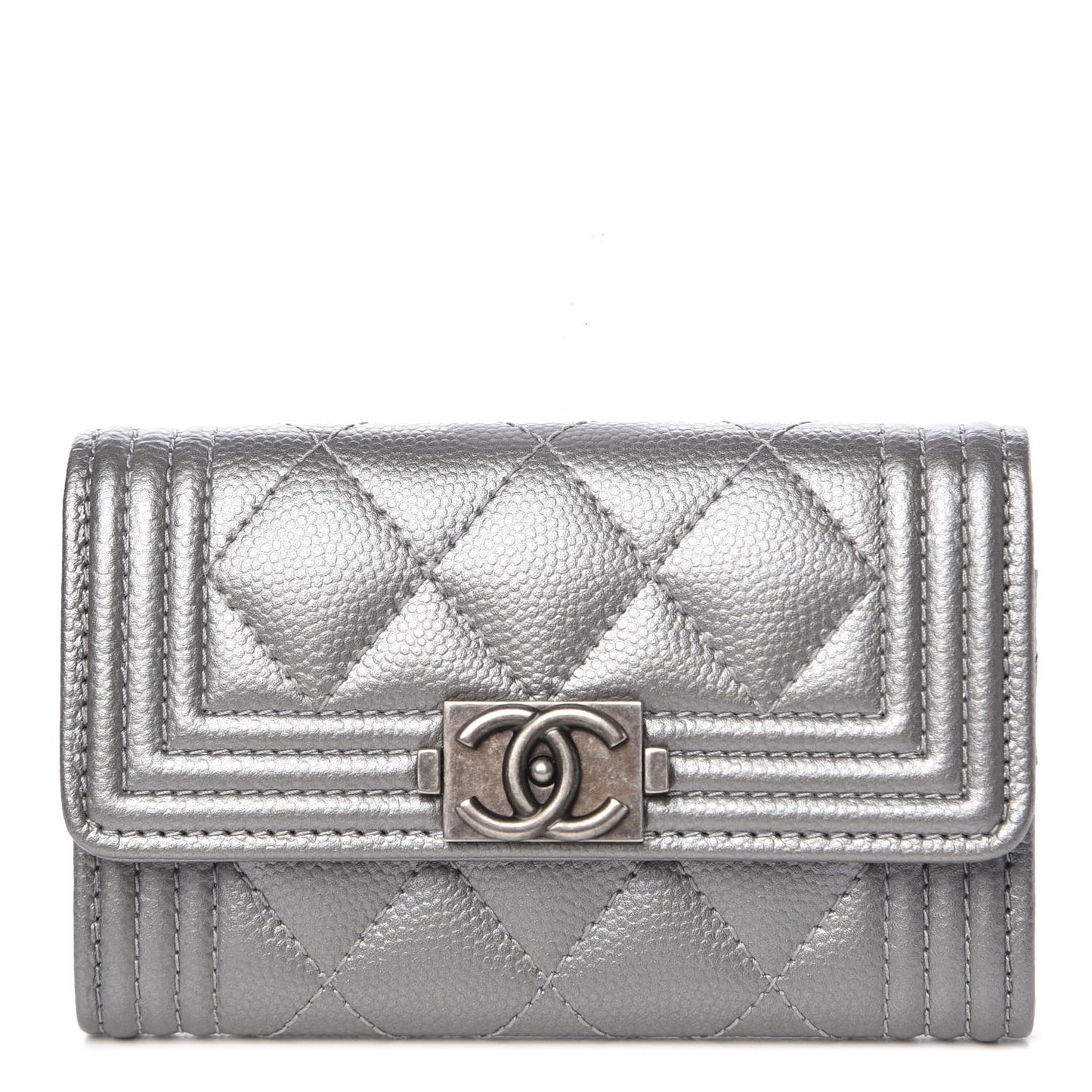 Metallic Caviar Quilted Boy Card Holder Wallet Silver