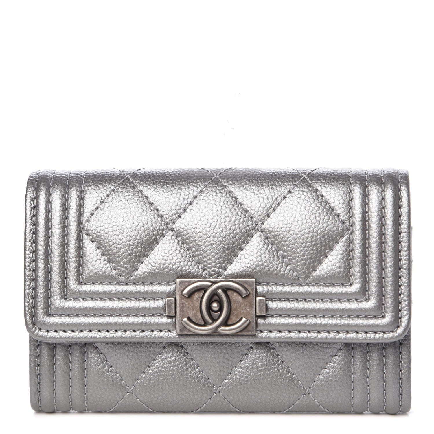 Chanel Metallic Caviar Quilted Boy Card Holder Wallet Silver 1 of 9