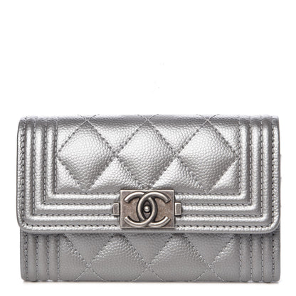 Chanel Metallic Caviar Quilted Boy Card Holder Wallet Silver 1 of 9