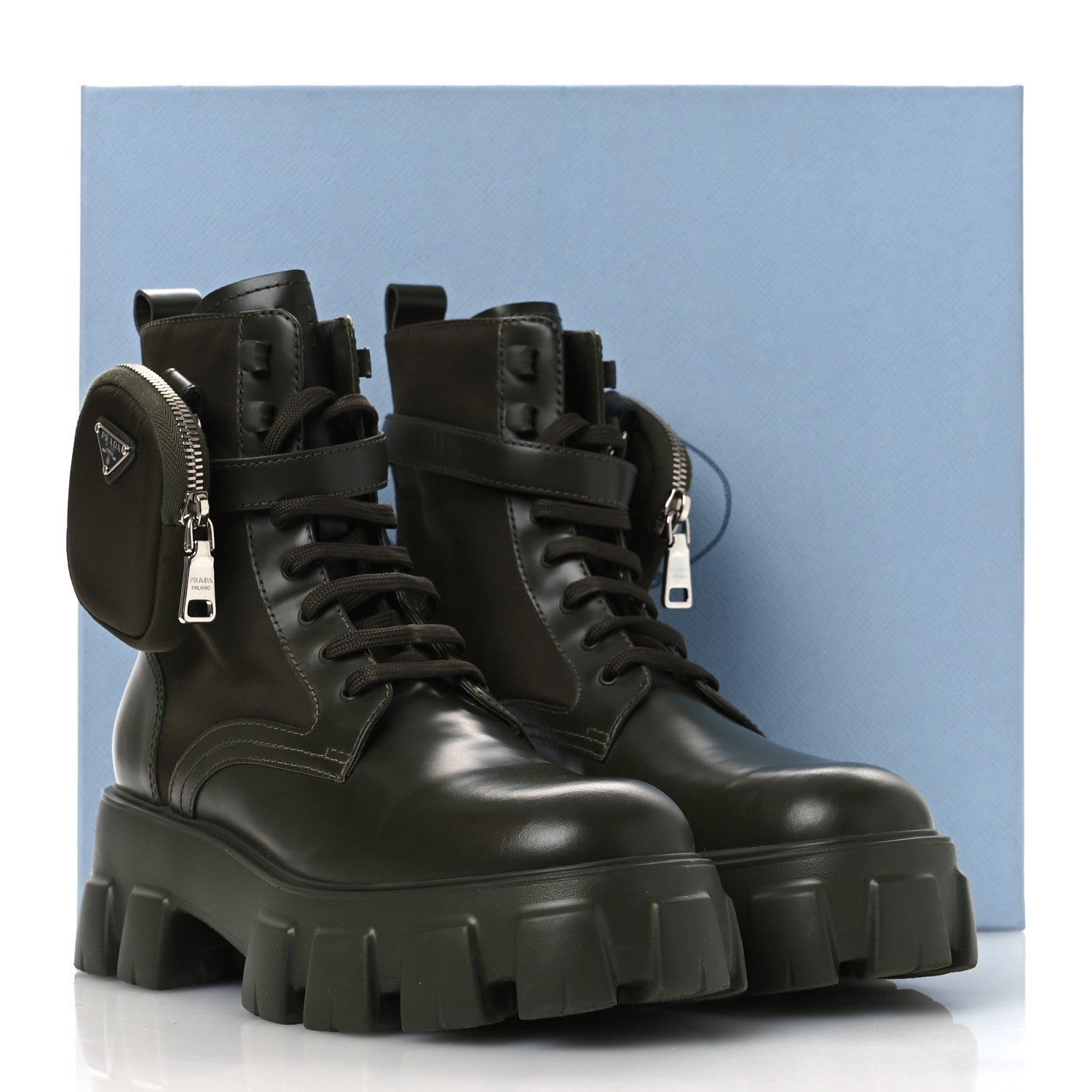 Prada Spazzolato Rois Re-Nylon Metal Triangle Logo Monolith Pouch Pocket 55mm Boots 40 Militare 13 of 13