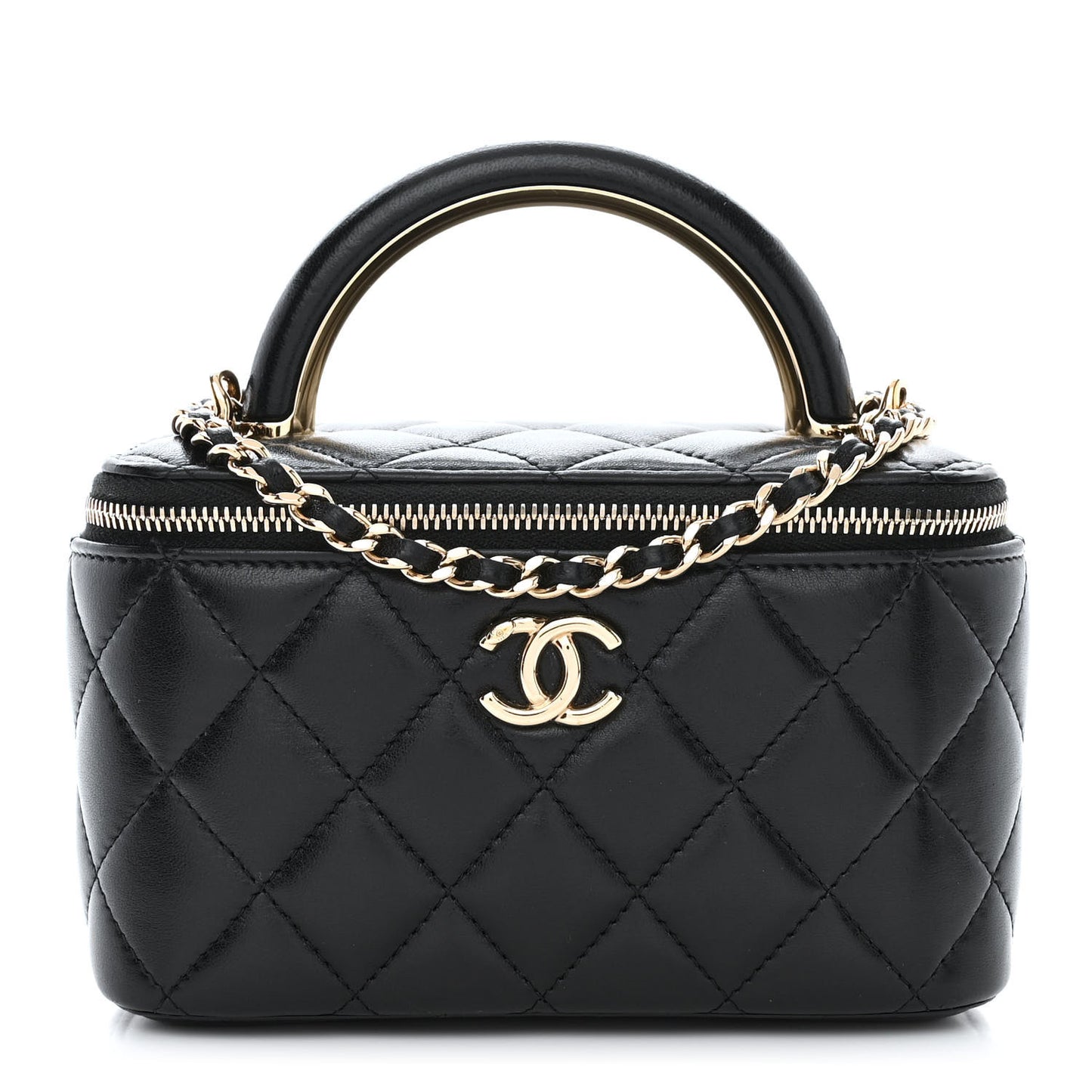 Lambskin Quilted Small Charming Top Handle Vanity Case With Chain Black