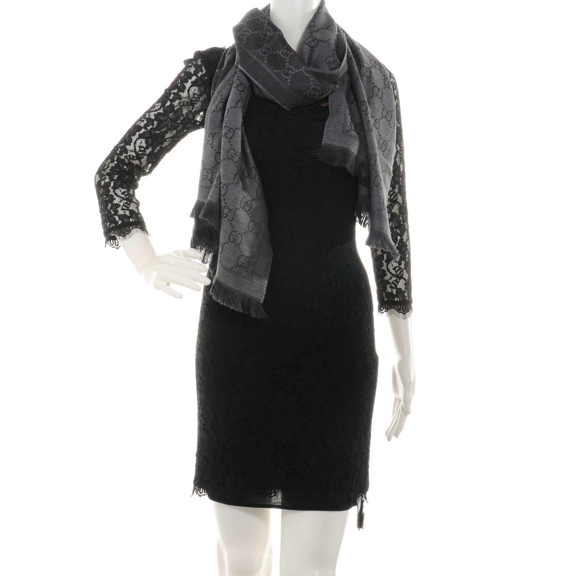 Gucci Wool Monogram Fringe Scarf Gray 2 of 5