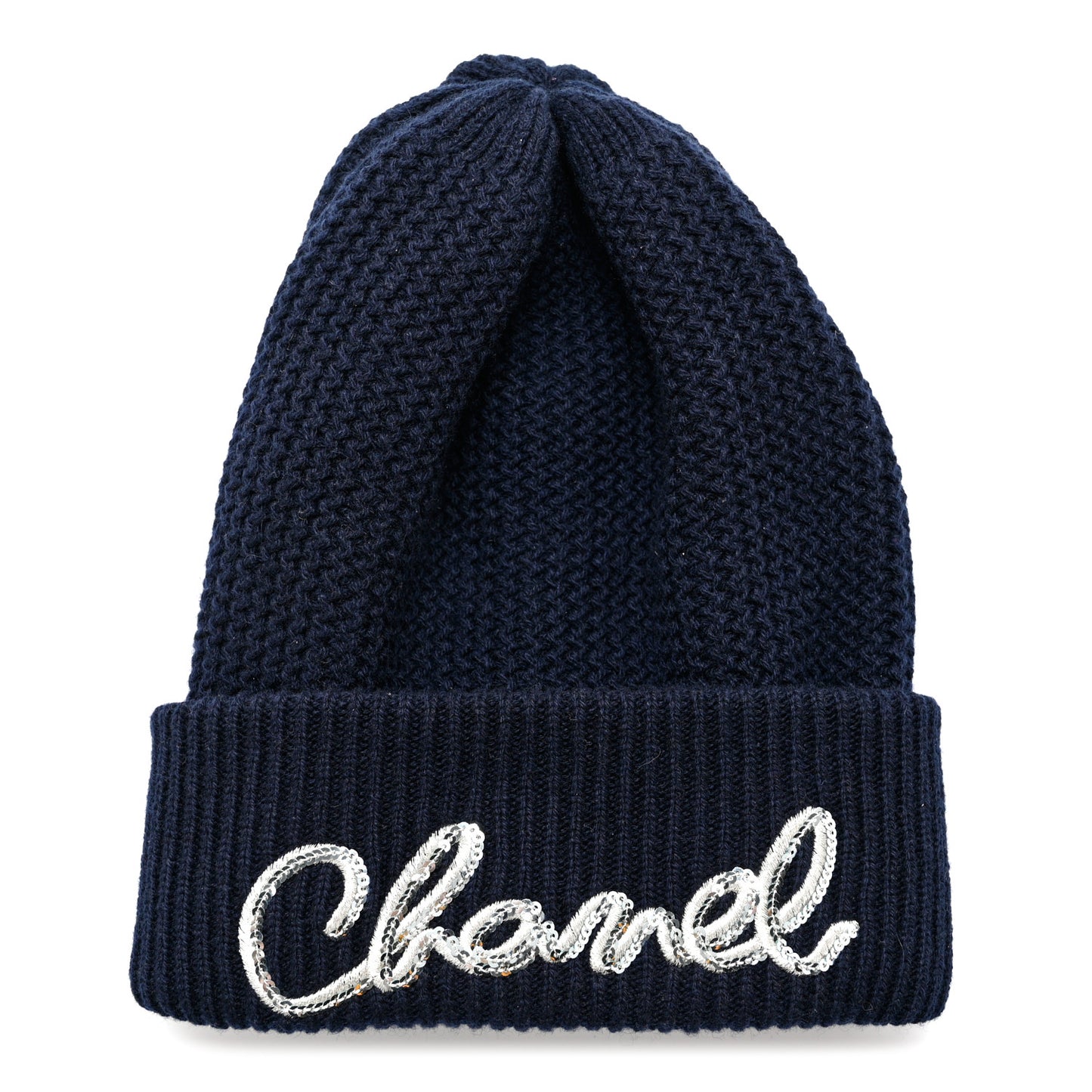 Cashmere Sequin Logo Beanie Hat Navy Blue