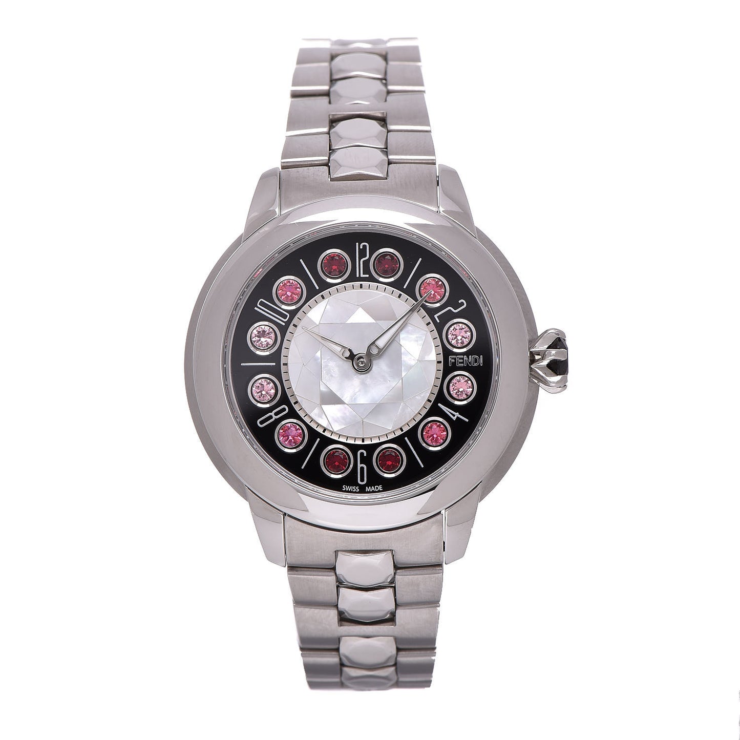 Stainless Steel Mother of Pearl Topaz Spinel 33mm Ishine Rotating Gem Quartz Watch Black