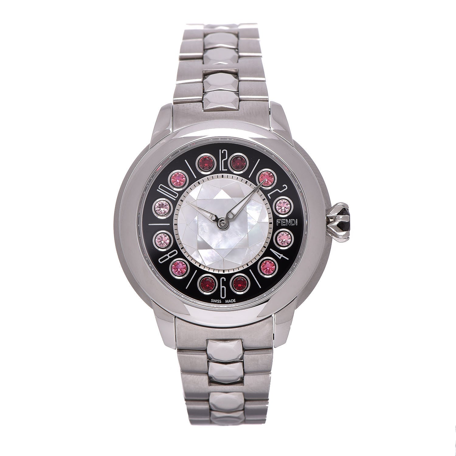 Fendi Stainless Steel Mother of Pearl Topaz Spinel 33mm Ishine Rotating Gem Quartz Watch Black 1 of 9