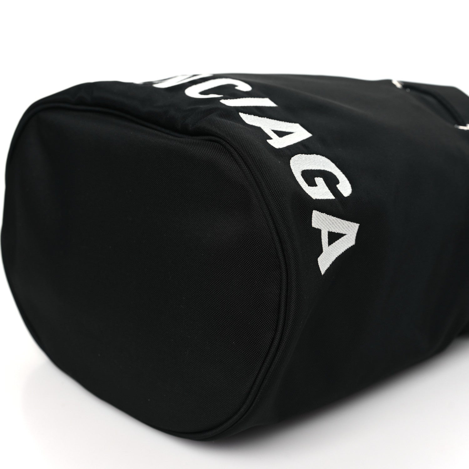Balenciaga Recycled Sport Nylon Logo Embroidered Small Wheel Drawstring Bucket Bag Black 9 of 10