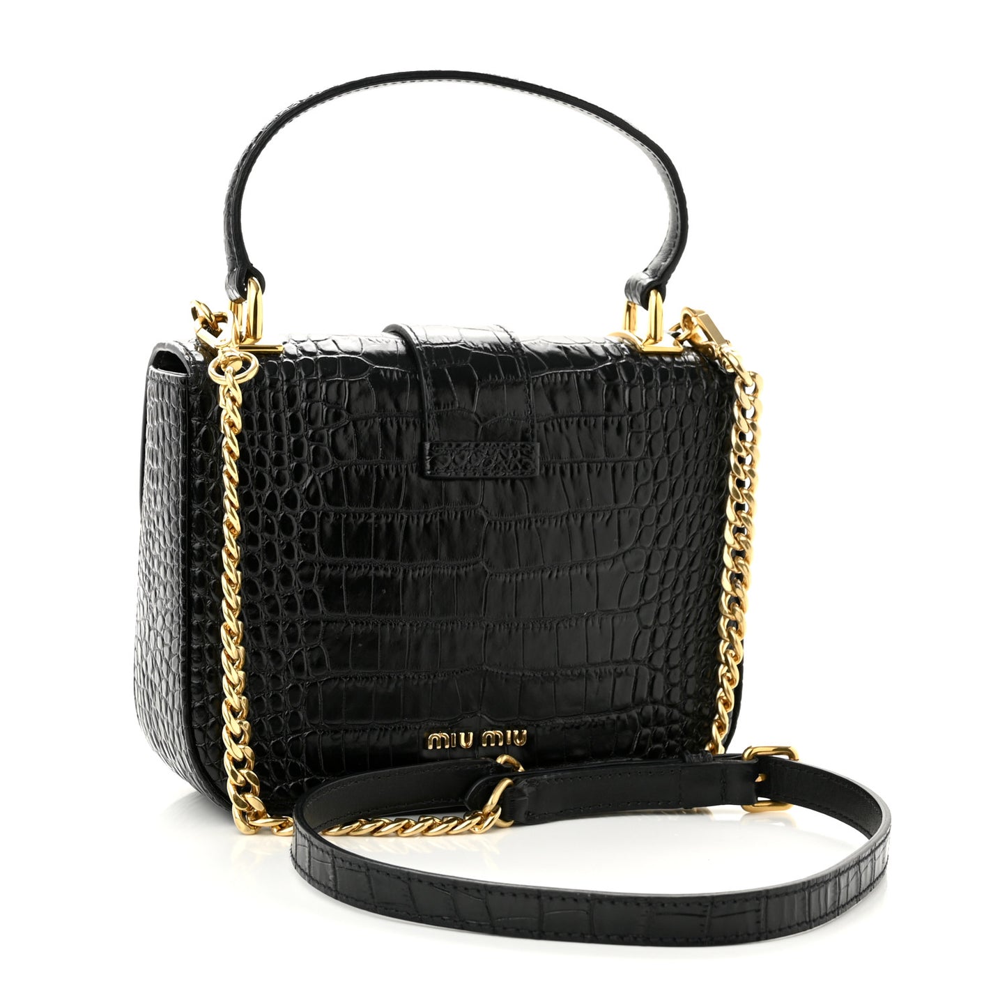 Crocodile Print Calfskin Top Handle Bag Black